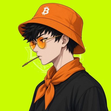 An anime-style illustration of a young man wearing an orange bucket hat with a Bitcoin logo, orange-tinted sunglasses, and an orange scarf over a black shirt, smoking against a bright green background.