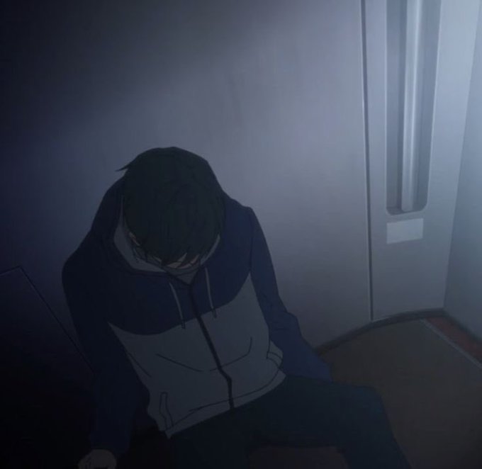 A melancholic anime-style scene of a person in a hoodie sitting hunched over on the floor in a dimly lit corner.
