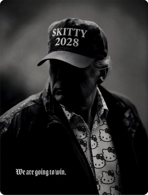 A black-and-white image of a person wearing a cap reading '$KITTY 2028' and a Hello Kitty patterned shirt, with the text 'We are going to win.' displayed at the bottom.