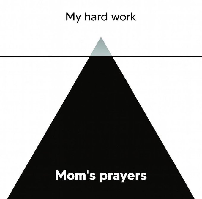 A meme depicting an iceberg with the small tip above water labeled 'My hard work' and the massive submerged portion labeled 'Mom's prayers'.