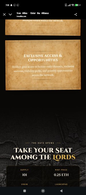 A mobile screenshot of a web page titled 'Iron Allies: Enter the Alliance' promoting exclusive access for NFT holders with a mint price of 0.25 ETH.