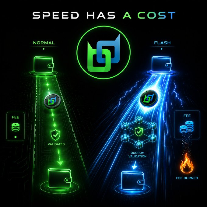 A digital infographic titled 'SPEED HAS A COST' contrasting 'NORMAL' (green, validated with lower fee) versus 'FLASH' (blue, quorum validation with higher fee burned) transactions for what appears to be a blockchain network.