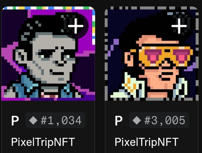 The image shows two PixelTripNFTs (#1,034 and #3,005) both featuring pixel art portraits of Elvis, with the higher-numbered one (#3,005) appearing evolved—displaying bright pink sunglasses and a more colorful palette—while #1,034 remains in a basic grayscale form, likely illustrating the user's question about whether a "tripper" can still be evolved after purchase.