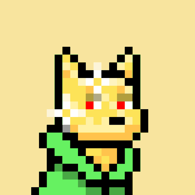 Pixel-art yellow dog wearing a green outfit, set against a beige background. It represents Doginal Dog #5755 from the @doginaldogs collection advertised in the accompanying sale post.