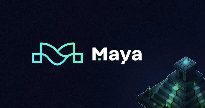 A dark promotional graphic featuring the 'Maya' logo with a stylized teal knot-like icon, accompanied by an isometric pyramid structure emitting a green glow in the bottom right corner.