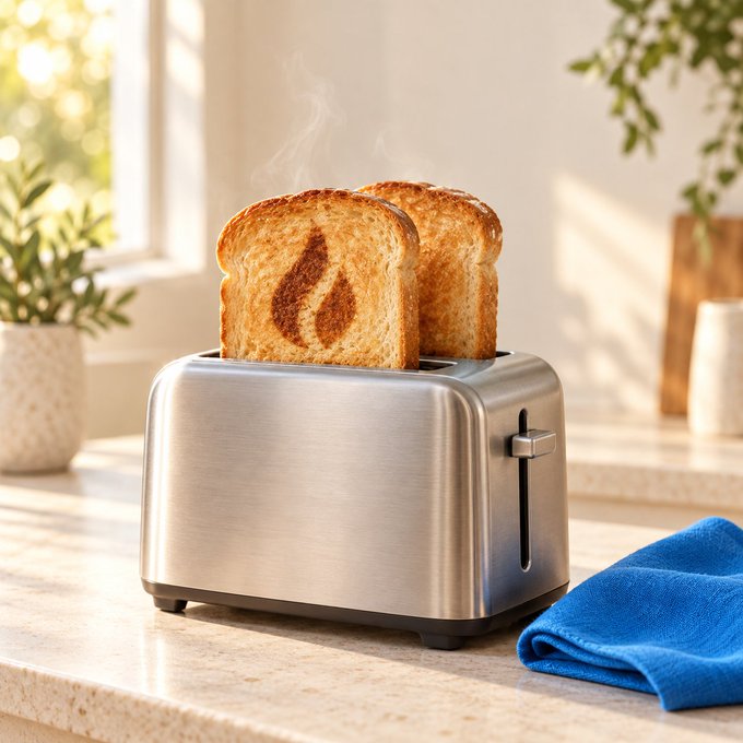 A stainless steel toaster on a kitchen counter toasts two slices of bread, one of which features a dark brown flame design toasted into its surface.