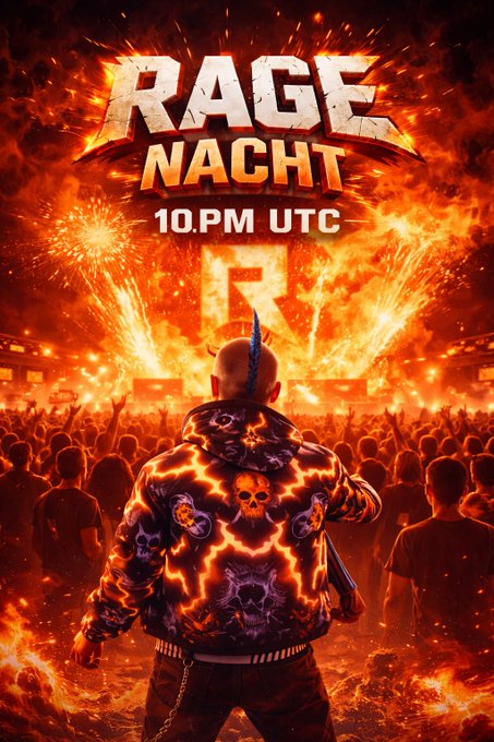 The image features a poster for an event called "Rage Nacht". The poster has a man wearing a skull and crossbones jacket standing in front of a crowd of people who are also dressed up, with some holding signs or banners. The background is filled with bright orange flames, creating a dramatic atmosphere that matches the theme of the event. The text on the poster reads "Rage Nacht 10pm utc", indicating the time and location of the event.