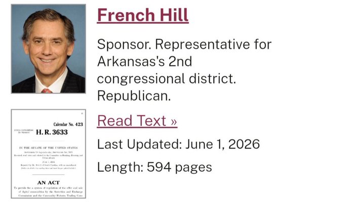 Profile page for French Hill, Sponsor and Representative for Arkansas's 2nd congressional district (Republican), featuring H.R. 3633, last updated June 1, 2026, with 594 pages.