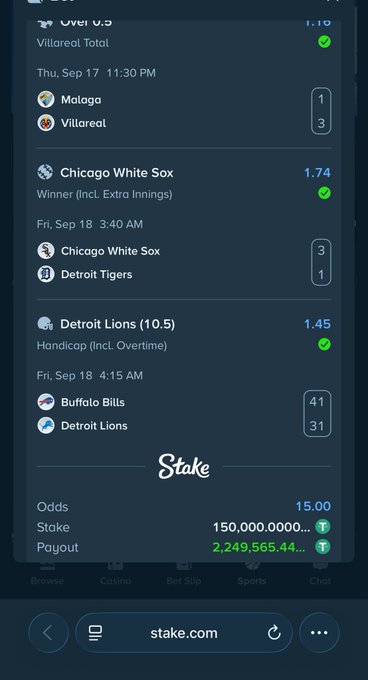 The image shows a Stake.com mobile betting slip displaying three winning wagers: Villarreal Total Over 0.5 (1.10 odds), Chicago White Sox to win (1.74 odds), and Detroit Lions -10.5 Handicap (1.45 odds), with a combined payout of 2,249,565.44 on a 150,000,000 stake at 15.00 odds. The screenshot confirms the "$2.3M" winning payout noted by the post.