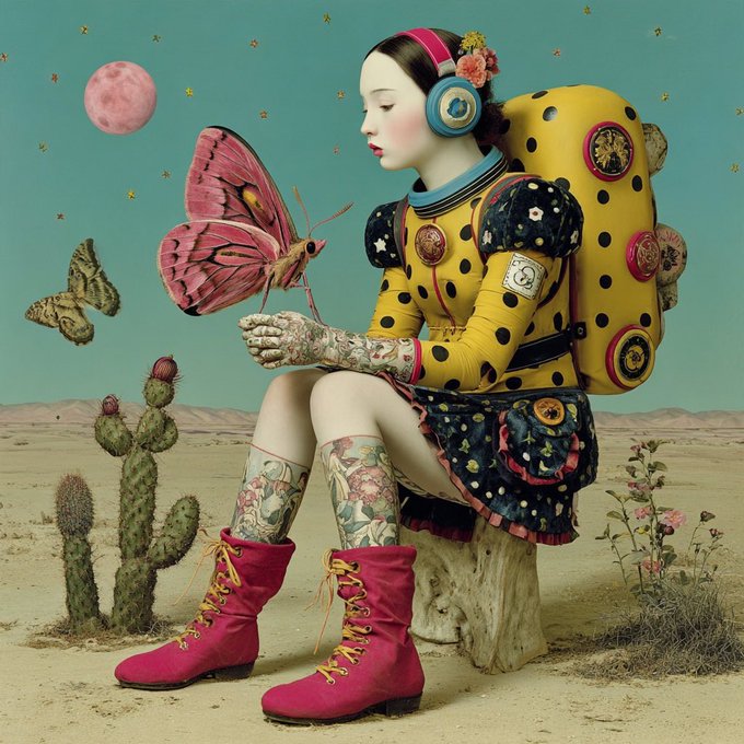 A surreal digital artwork showing a pale figure with a yellow polka-dot backpack, pink boots, and headphones sitting in a desert landscape as a large pink butterfly lands on their hand.