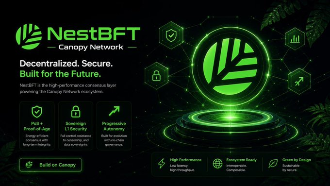 A promotional banner for 'NestBFT - Canopy Network', described as a high-performance consensus layer, highlighting features like 'PoS + Proof-of-Age', 'Sovereign L1 Security', and 'Progressive Autonomy' with green neon graphics.