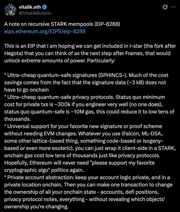 Vitalik Buterin's tweet discussing EIP-8288, proposing recursive STARK mempools to enable ultra-cheap quantum-safe signatures, privacy protocols, universal signature support, and private account abstraction for Ethereum's I-Star upgrade.