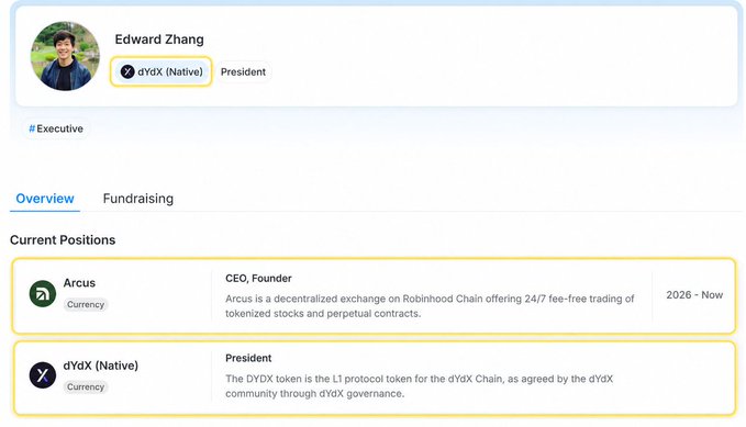 A profile page for Edward Zhang, President of dYdX (Native), highlighting his current executive positions at Arcus (CEO/Founder) and dYdX.