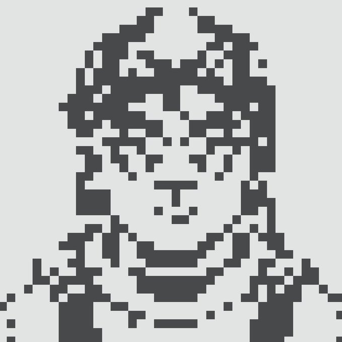 A pixelated grayscale portrait of a person, possibly a woman with shoulder-length hair, rendered in a blocky, low-resolution style against a light gray background.