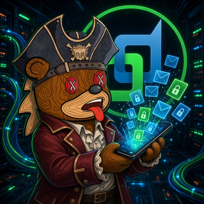 A cartoon pirate bear with X eyes wears a pirate hat and red coat while holding a smartphone displaying green envelope and lock icons, with a Beldex-style logo in the background.