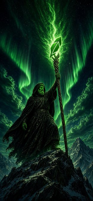 A fantasy illustration depicts a hooded, skeletal figure wielding a glowing green crystal staff atop a mountain, with green auroras filling the night sky.