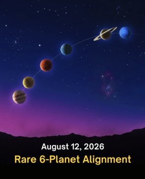 The image depicts a "Rare 6-Planet Alignment" dated "August 12, 2026," showing six planets arranged in a curved line across a starry night sky above a silhouetted landscape. This visual directly illustrates the accompanying post's claim about the August 12 planetary alignment, though it shows six planets rather than the four (Mercury, Mars, Jupiter, Saturn) mentioned in the text, with Saturn prominently featured at the top right.