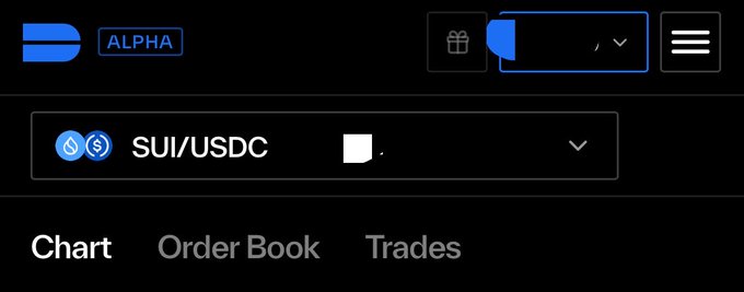 A dark-themed interface displays 'ALPHA' and a trading pair selector showing 'SUI/USDC', with navigation tabs for Chart, Order Book, and Trades visible below.