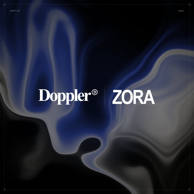 The image displays "Doppler® | ZORA" in white text against a dark, fluid blue and gray abstract background, with "DOPPLER" and "2026" in small text at the top corners. This branding visually represents the post's announcement that Zora's creator coin launches now use Doppler's custom pairs infrastructure, deployed across Base, Solana, and Robinhood Chain.