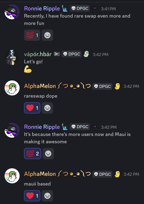 A Discord chat screenshot showing users Ronnie Ripple, vápor.hbar, and AlphaMelon discussing a "rareswap" feature on Maui, tagged with the DPGC group.