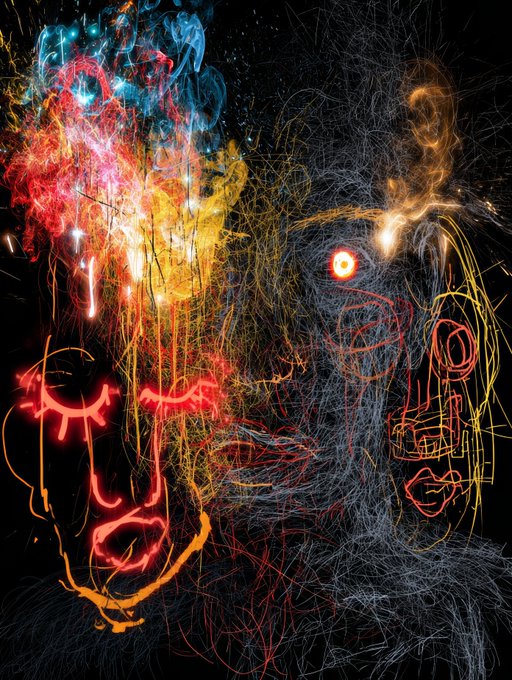 An abstract digital artwork showing chaotic, glowing neon lines in red, yellow, and blue that vaguely form the shapes of distorted figures or faces against a dark background.