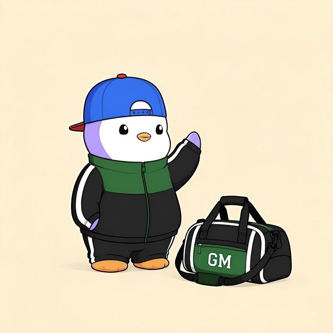 A cute cartoon penguin character wearing a blue backwards cap, green and black tracksuit, standing next to a black and green duffel bag with 'GM' printed on it.