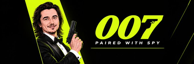Promotional banner titled '007 PAIRED WITH SPY' featuring a man in a tuxedo holding a pistol, styled in black and neon green with James Bond-inspired graphics.