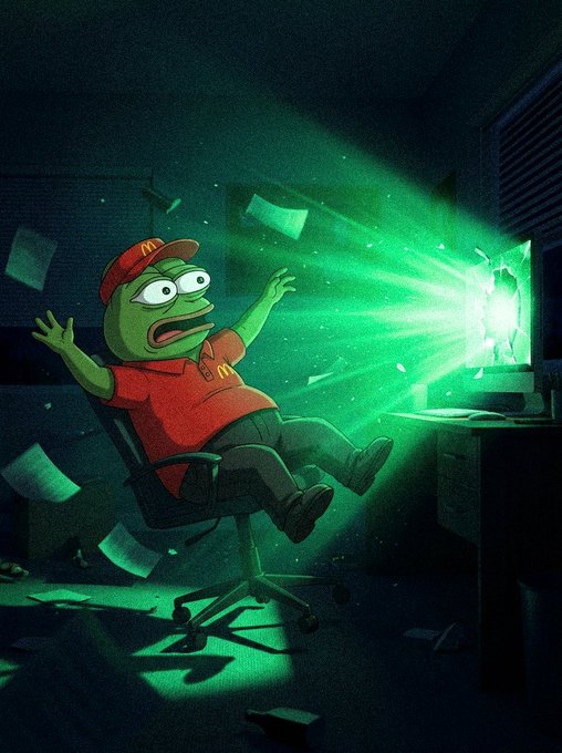 A surreal digital illustration of a Pepe the Frog character wearing a red McDonald's-style uniform and cap, being thrown backward in his office chair as a bright green portal bursts from his computer monitor, scattering papers and money.