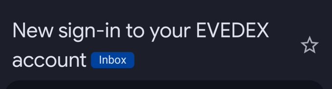 A screenshot of an email notification reading 'New sign-in to your EVEDEX account' with a blue 'Inbox' tag, likely from a mobile device.