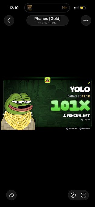A Telegram message from Phanes [Gold] shows a Pepe the Frog meme announcing a 101X call at 41.1K from FENCUN_NFT, with 'YOLO' branding.
