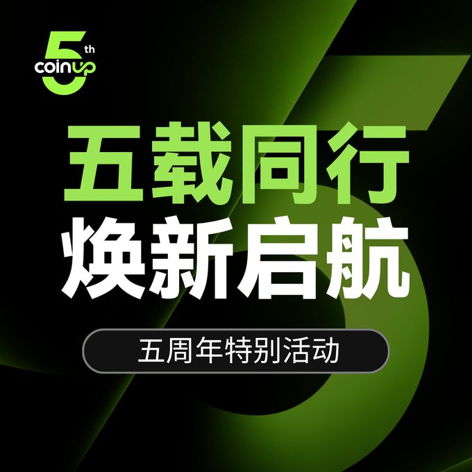 Promotional graphic for CoinUp's 5th anniversary with large green and white Chinese text '五载同行 焕新启航' on a dark background.