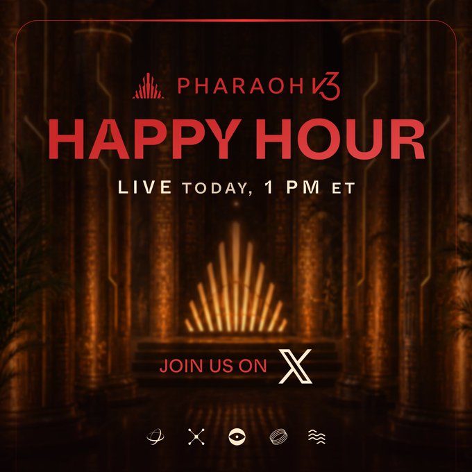 A promotional graphic for 'Pharaoh V3 Happy Hour' live at 1 PM ET, featuring an Egyptian-themed temple background and the X/Twitter logo.