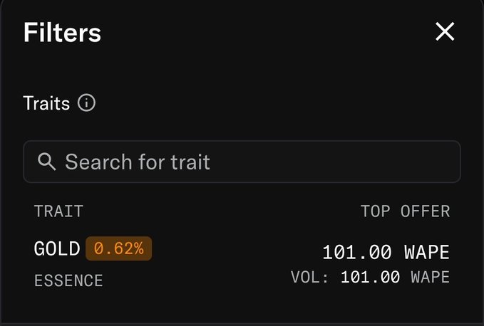 A dark-themed filter interface displays a search bar for traits, with a listed "GOLD" trait showing a "0.62%" value and a "TOP OFFER" of "101.00 WAPE".