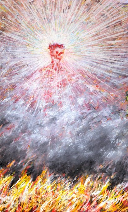 A radiant figure with a skull-like face emerges from a swirling mass of smoke and fire, illuminated by a brilliant burst of white and pastel light. The apocalyptic imagery visually echoes the song's title "Walking Through Flames," conveying themes of destruction, transcendence, and rebirth.