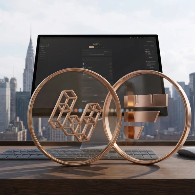 A sleek workspace scene with a laptop displaying what appears to be the Fordefi interface (showing "85.07") sits against a city skyline, while two copper-framed circular displays in the foreground showcase the EtherFi "we" logo and vault symbol—visually bridging the Fordefi institutional custody platform with EtherFi's Liquid ETH vault product as suggested by the caption.