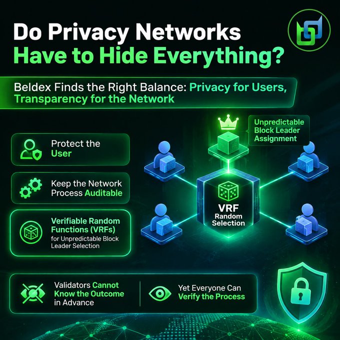 An infographic titled 'Do Privacy Networks Have to Hide Everything?' by Beldex, highlighting features like user protection, network auditability, Verifiable Random Functions (VRFs), and a balance of privacy with transparency.