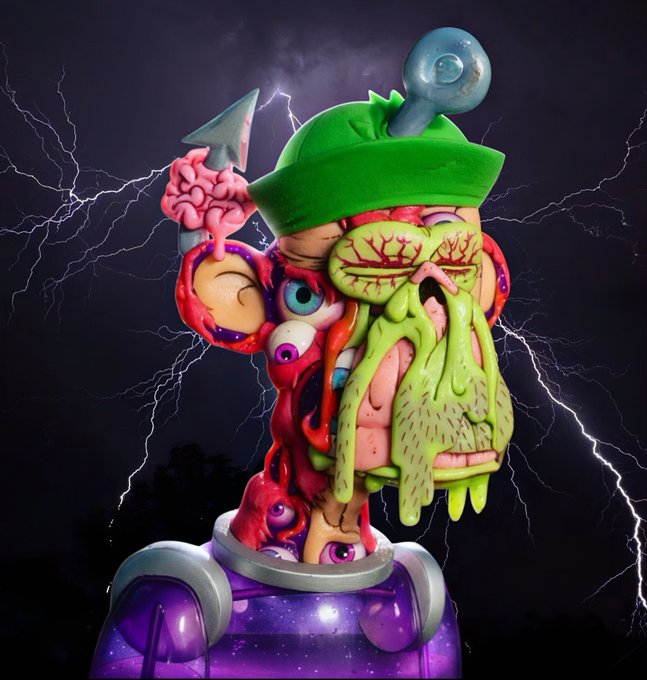 A grotesque, zombie-like figurine featuring exposed brains, bulging eyeballs, dripping green slime, and a green hat with an arrow through it, posed dramatically against a stormy sky with lightning bolts. The image ties to the "ITZ ELECTRIC X BAYC • MAYC" collaboration by depicting a horror-themed, electrified mutant version of the iconic Bored Ape Yacht Club aesthetic.
