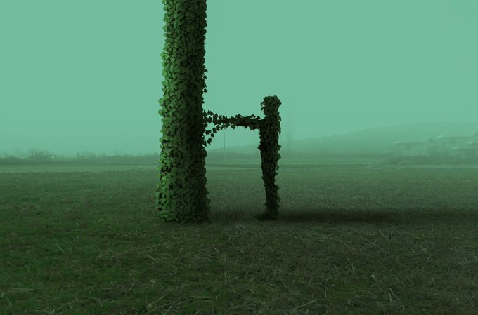 A misty green landscape featuring two tree trunks or posts covered in ivy, forming an archway shape in an empty field with distant fog-shrouded hills.