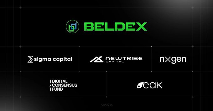 A black promotional graphic for "BELDEX" (beldex.io) displays logos of partner companies: sigma capital, NEW TRIBE CAPITAL, nxtgen, DIGITAL CONSENSUS FUND, and peak.