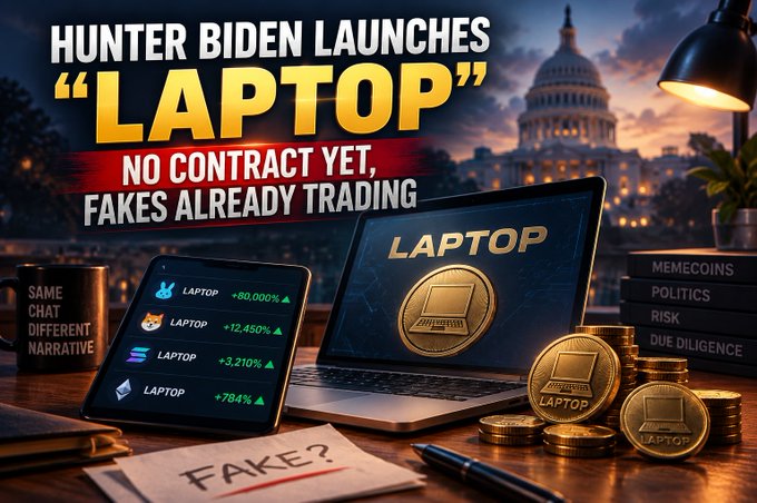 A graphic about 'HUNTER BIDEN LAUNCHES "LAPTOP"' with text 'NO CONTRACT YET, FAKES ALREADY TRADING', showing laptop screens with 'LAPTOP' tickers showing gains up to +80,000%, gold coins, and a Capitol building backdrop.