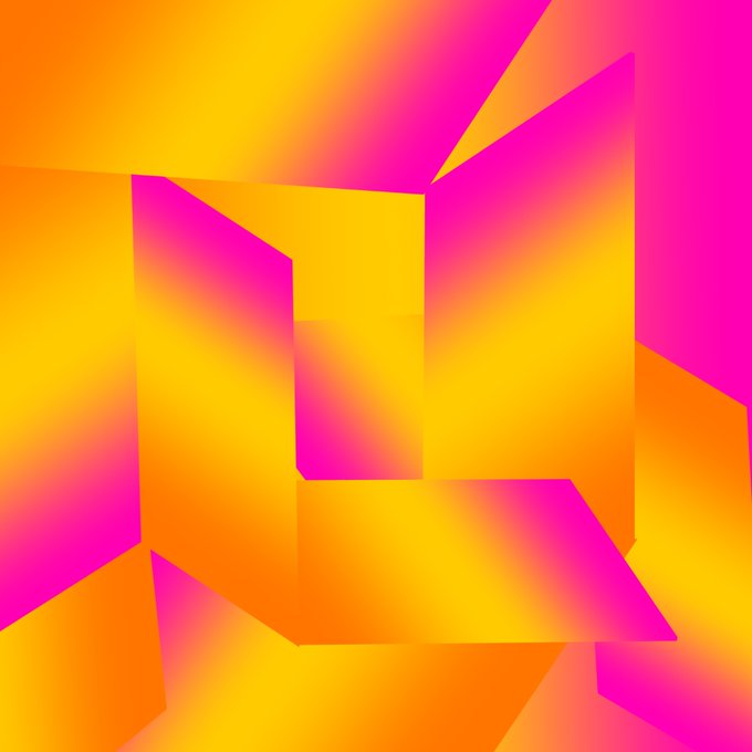 An abstract geometric graphic featuring overlapping 3D shapes in vibrant gradients of yellow, orange, and magenta.