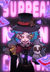 An anime-style illustration of a character with purple hair, a black top hat, and a dark outfit holding a white creature, with 'SUPREME' partially visible in the pink background.