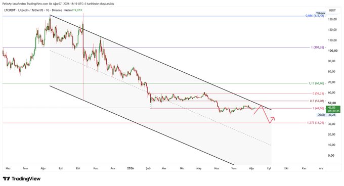 The image displays a TradingView chart of Litecoin (LTCUSDT) on a daily timeframe, showing a descending channel pattern with key Fibonacci retracement levels (0.886, 1.591, 1.13, 0.5, 1.272) and recent prices around $59.85, with the red arrow suggesting a potential drop toward the $30 support level mentioned in the post.