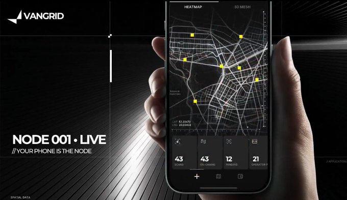 A hand holds a smartphone displaying a heatmap app with 'VANGID' and 'NODE 001 - LIVE // YOUR PHONE IS THE NODE' text on a black background.