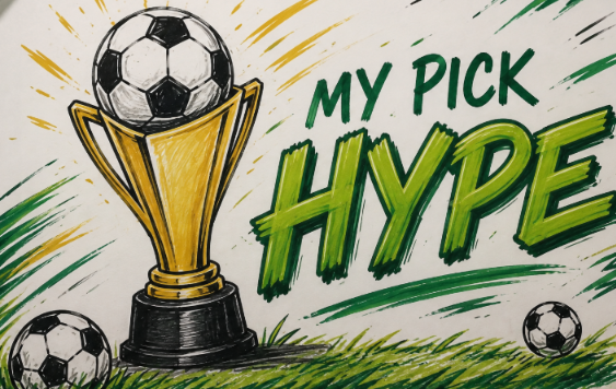 An illustrated graphic featuring a gold trophy with a soccer ball on top, alongside the text 'MY PICK HYPE' in green brushstroke lettering with additional soccer balls scattered around.