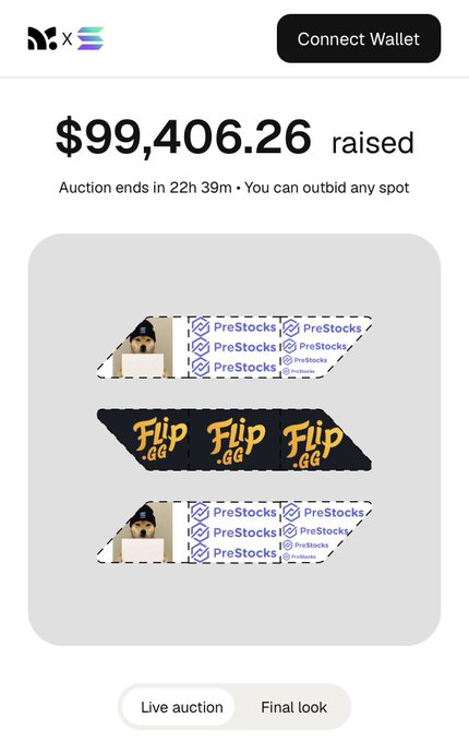An auction page from MX shows $99,406.26 raised with 22h 39m remaining on what appears to be auction lots labeled 'PreStocks' and 'Flip.GG', with toggle options for 'Live auction' or 'Final look'.