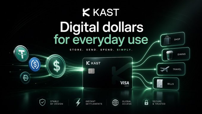 ikast digital dollars advertisement features a black background with green and white text, promoting the use of digital currency for everyday transactions.