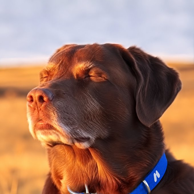 A chocolate Labrador with its eyes blissfully closed soaks in the warm golden-hour sunlight against a blurred field backdrop, wearing a blue collar that suggests both readiness and restraint—much like the intern who dove into Bitcoin for Clarity only to be told, "not today." The dog's serene, resigned expression perfectly mirrors the hopeful yet ultimately sidelined posture of an eager newcomer awaiting a turn that just won't come.