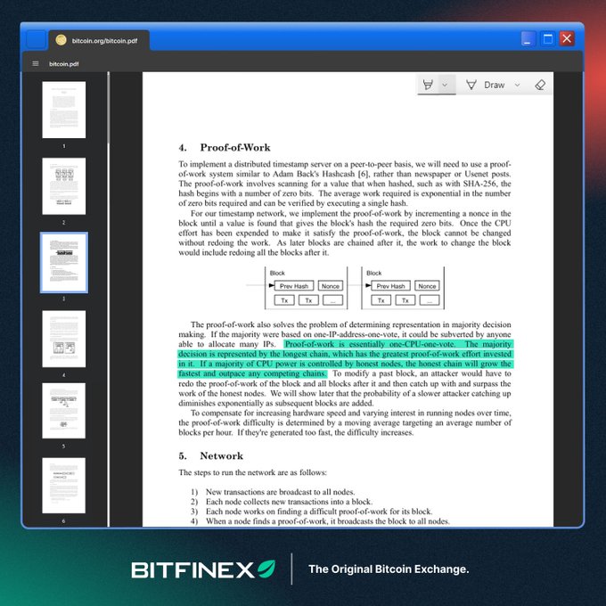 A screenshot of the Bitcoin whitepaper displays Section 4 on Proof-of-Work, with a highlighted passage emphasizing the original "one-CPU-one-vote" design principle—directly illustrating Satoshi's vision that ordinary CPUs, not specialized mining hardware, would secure the network.