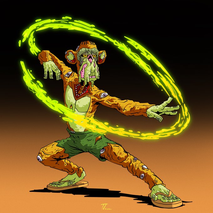 A colorful digital illustration of a monstrous, green-skinned humanoid character with extra eyes, wearing tattered green shorts and sandals, creating a swirling ring of green energy with its hands.